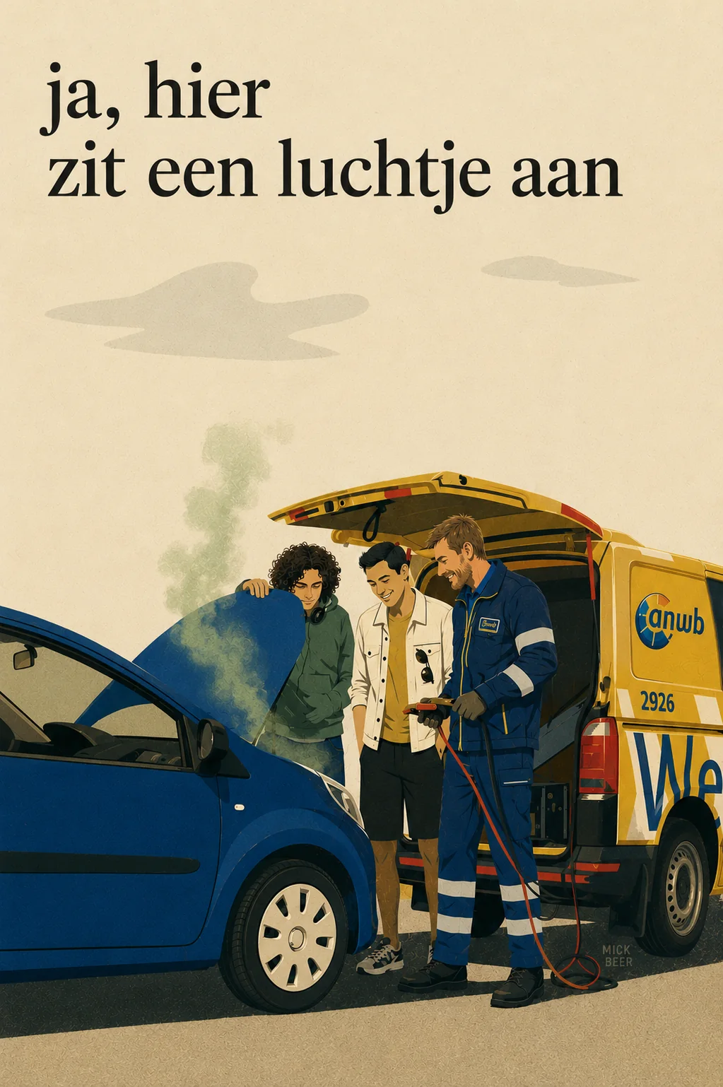 Illustratie van Mick Beer: twee jonge mensen en een ANWB-wegenwachtmonteur kijken onder de openstaande motorkap van een blauwe auto waar groenige rook uit walmt, naast een gele ANWB-bus. Kop: ja, hier zit een luchtje aan.