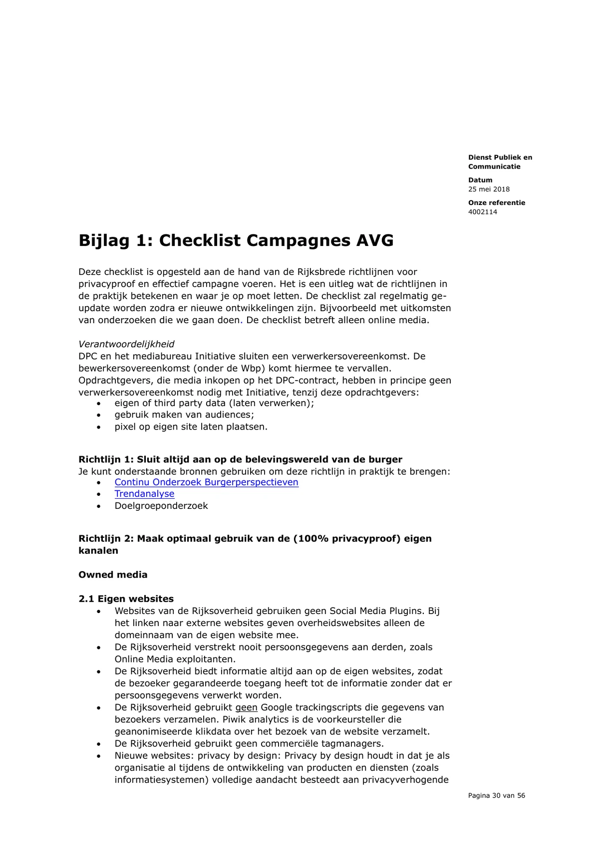 Schermafdruk van pagina 30 van de rijksrichtlijn uit 2018, met de zinnen dat de Rijksoverheid geen Google trackingscripts en geen commerciële tagmanagers gebruikt.