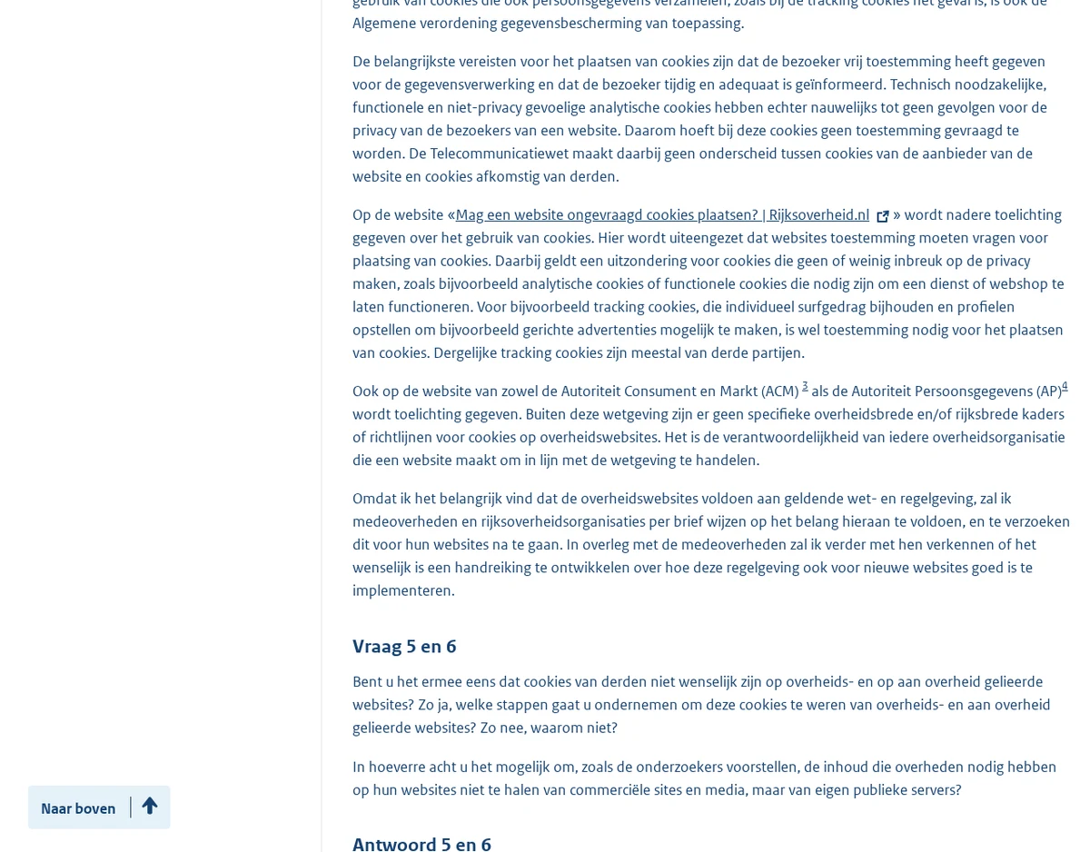 Schermafdruk van de beantwoording van Kamervragen door staatssecretaris Van Huffelen, met de passage dat er geen overheidsbrede of rijksbrede kaders voor cookies op overheidswebsites zijn.