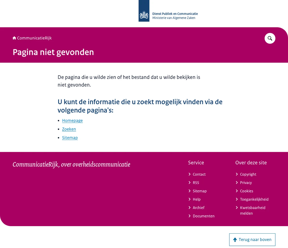Schermafdruk van communicatierijk.nl: de originele locatie van de rijksrichtlijn uit 2018 geeft een foutmelding, pagina niet gevonden.