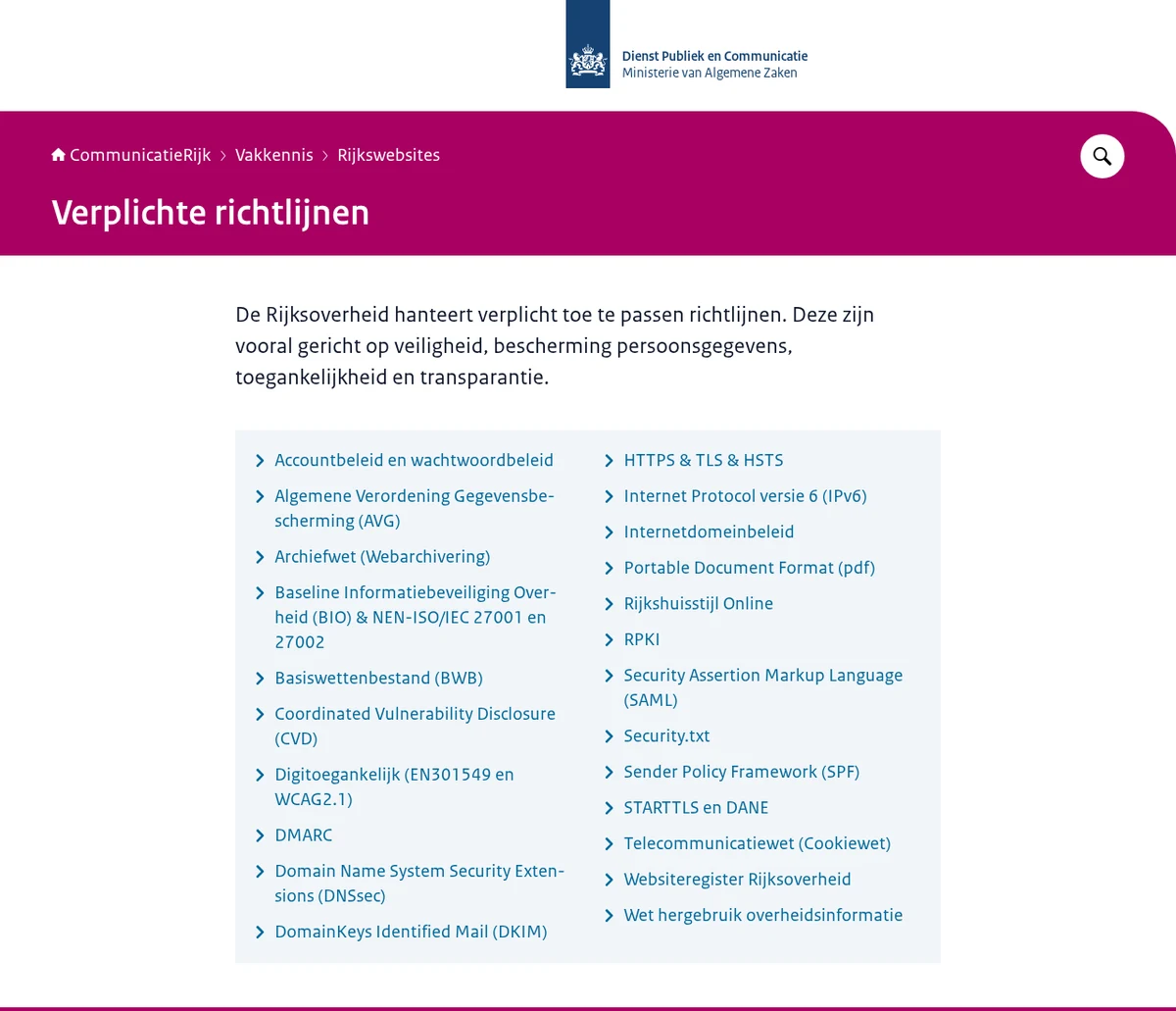Schermafdruk van de huidige pagina Verplichte richtlijnen op communicatierijk.nl, met een lijst van vierentwintig punten waaronder AVG en Telecommunicatiewet.