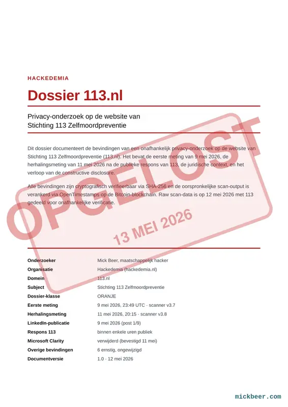 Voorblad van het 113-dossier, case-recap over de privacyschending op de nationale zelfmoordpreventielijn en hoe 113 erop reageerde.
