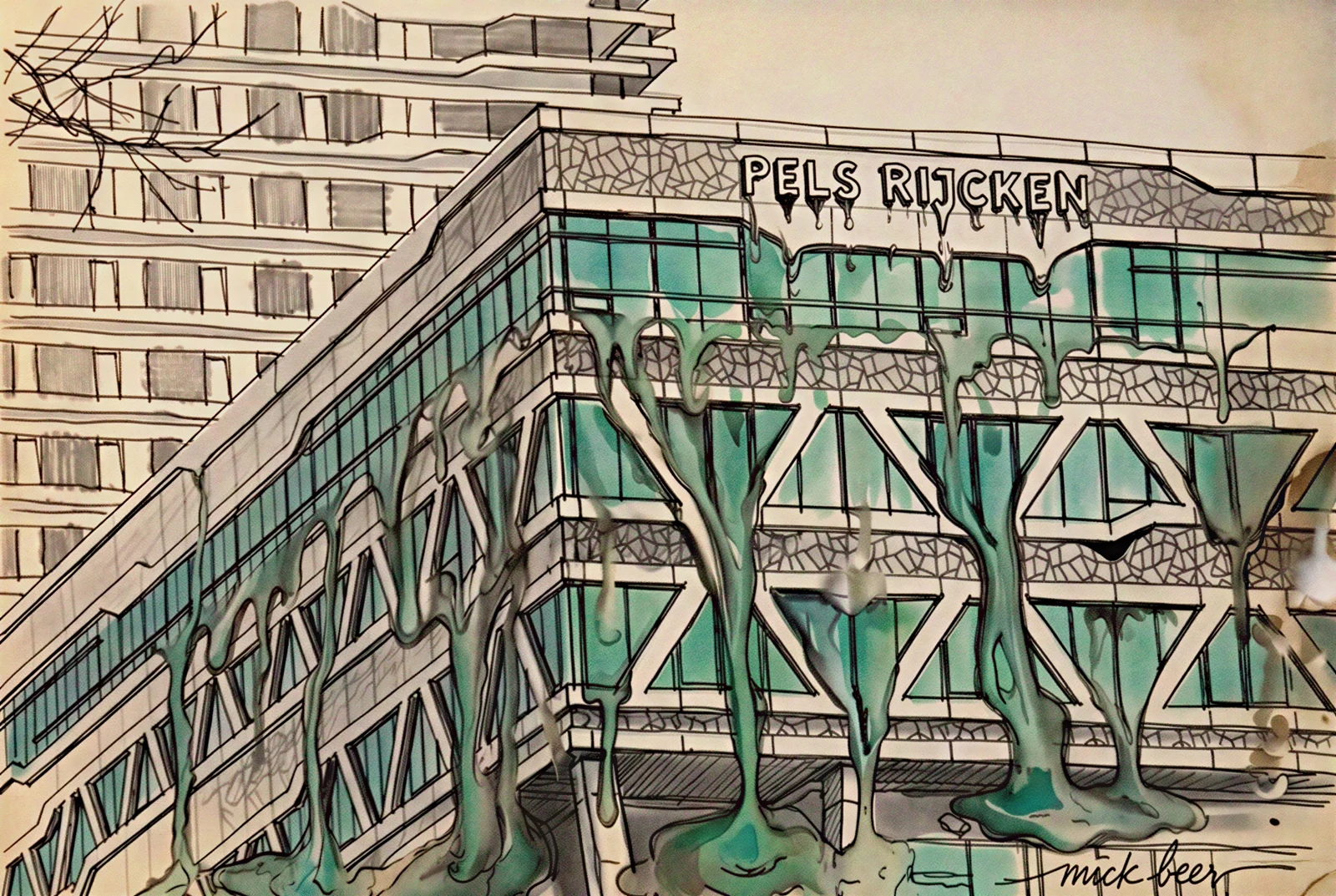 Tekening van het Pels Rijcken-kantoorgebouw waarvan de gevel wegsmelt, door Mick Beer