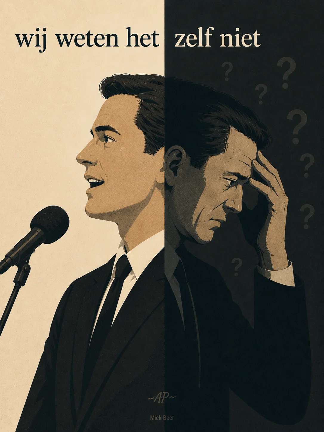 Illustratie in twee helften: links een man die zelfverzekerd in een microfoon spreekt onder de woorden 'wij weten het', rechts dezelfde man in het donker met de hand tegen het hoofd tussen vraagtekens onder 'zelf niet'. Signatuur AP en Mick Beer.