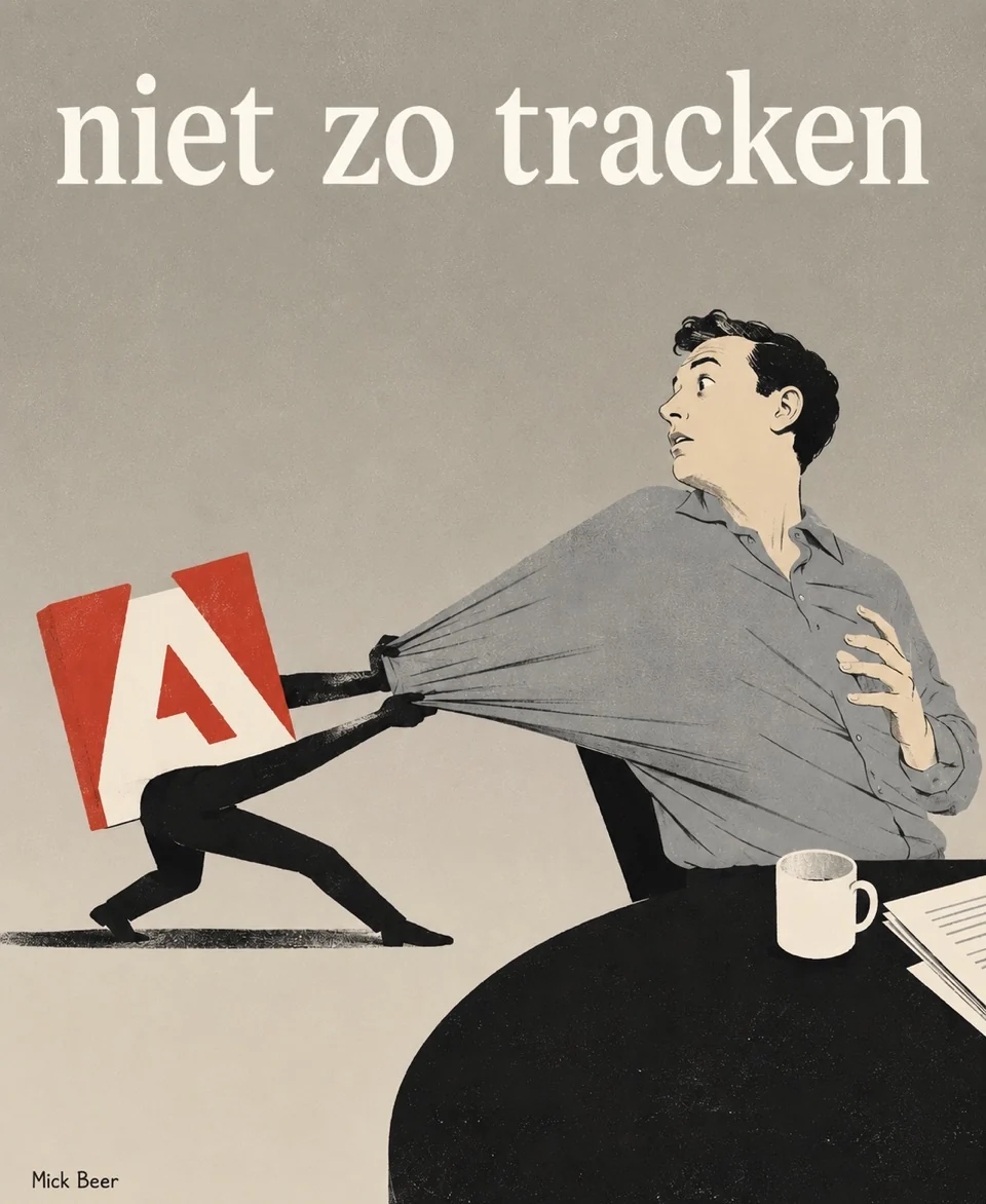 Illustratie: een man aan een tafel met koffie wordt aan zijn shirt achteruit getrokken door een figuur met een rood Adobe-logo als hoofd. Bovenaan de tekst 'niet zo tracken'. Tekening door Mick Beer