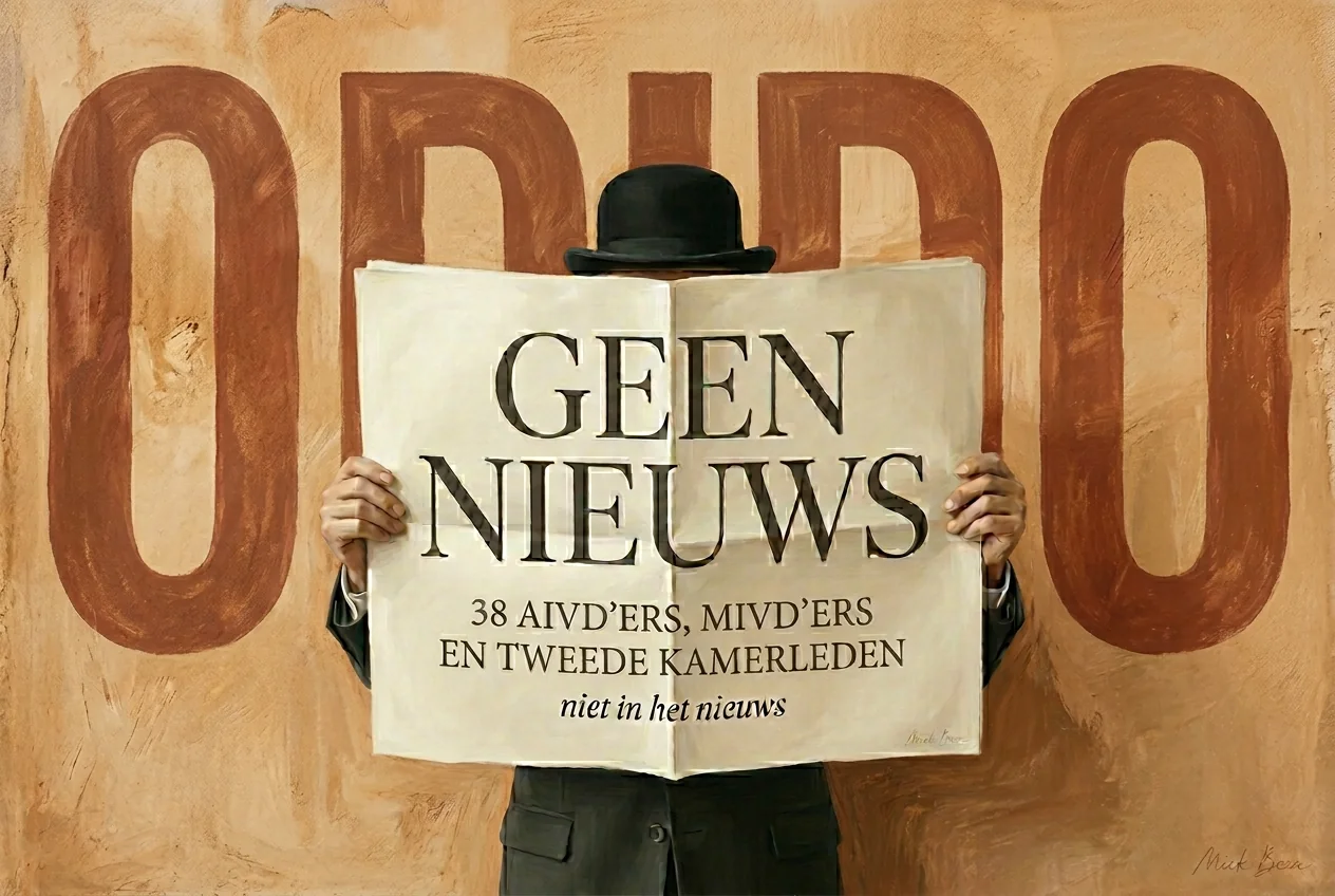 Schilderij in de stijl van Magritte: een man met bolhoed houdt een opengeslagen krant voor zijn gezicht. De kop luidt 'Geen nieuws — 38 AIVD'ers, MIVD'ers en Tweede Kamerleden, niet in het nieuws'. Achter hem staat groot het woord ODIDO op de muur geschilderd.