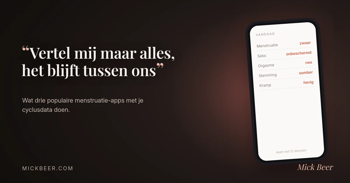 Donker beeld met een gloeiende telefoon die een cyclus-app toont met intieme dagregistraties als menstruatie, seks en stemming, en de serif-tekst: Vertel mij maar alles, het blijft tussen ons.