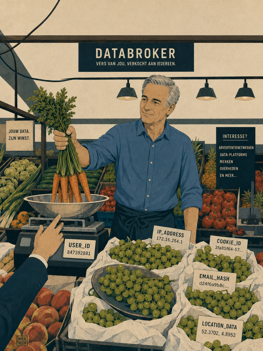De datahandelaar als marktkoopman: jouw USER_ID, IP-adres, cookie-ID, e-mailhash en locatie liggen uitgestald, 'vers van jou, verkocht aan iedereen'.
