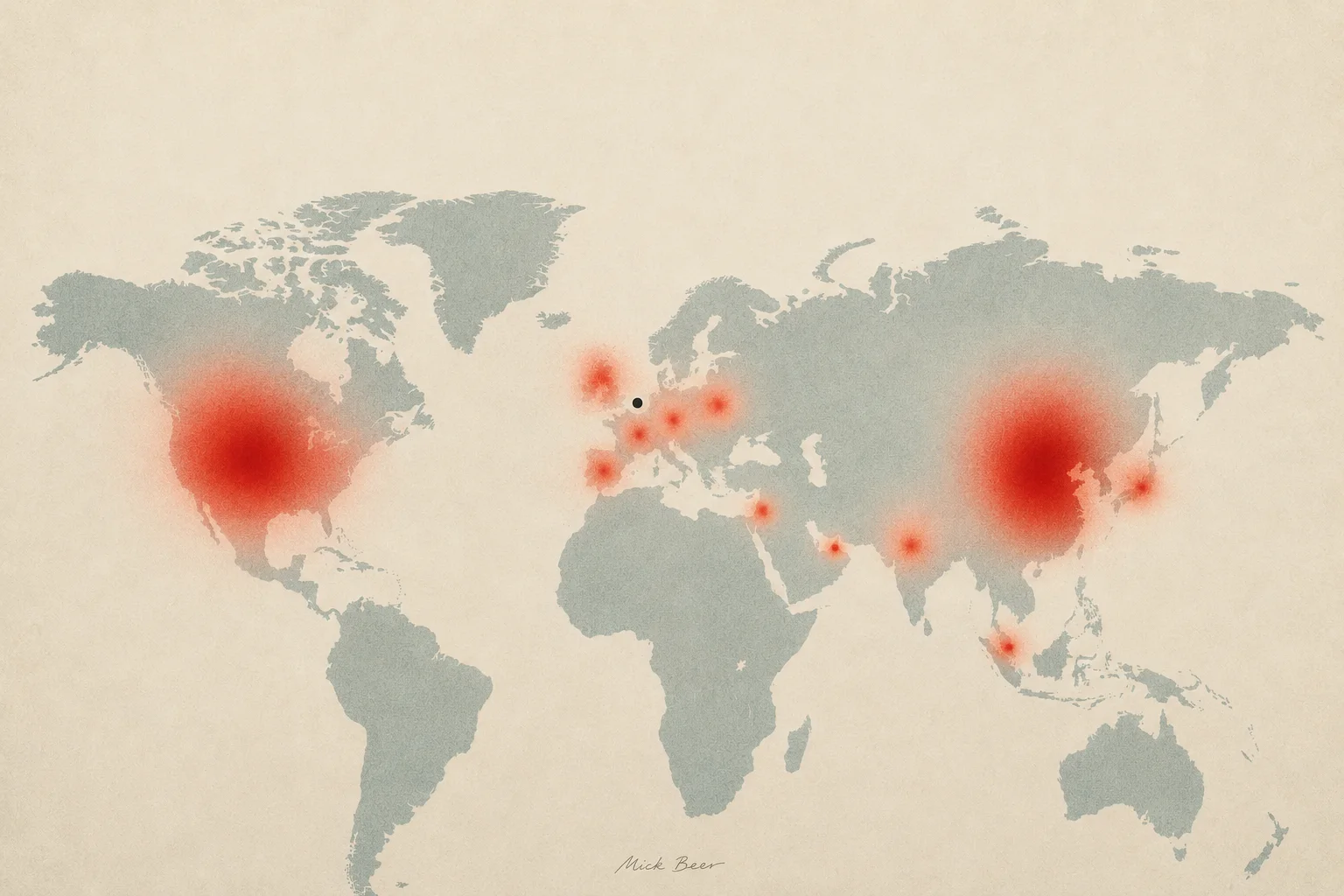 Wereldkaart-heatmap: vanuit Nederland gloeien de bestemmingslanden rood op; het felst over de Verenigde Staten en China, met kleinere hotspots in Europa, het Midden-Oosten en Azië.