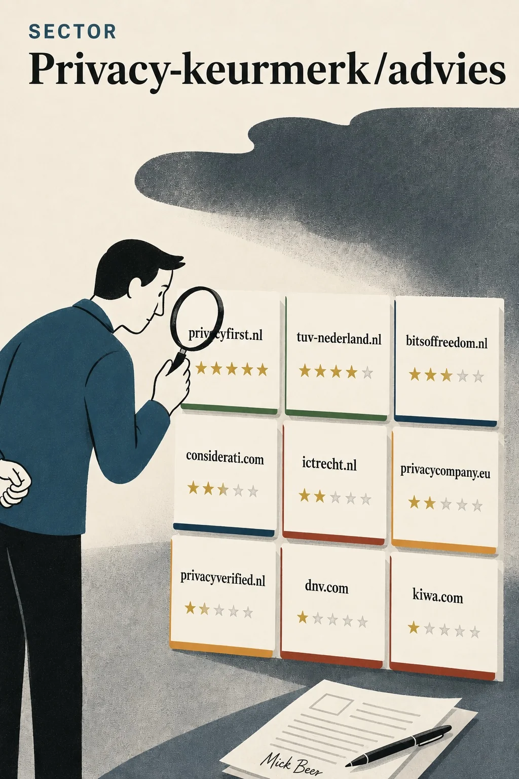 Illustratie: een man met een vergrootglas bekijkt negen websitekaarten met sterbeoordelingen onder de kop 'Sector Privacy-keurmerk/advies'. privacyfirst.nl vijf sterren, kiwa.com en dnv.com elk een ster, met een donkere wolk erboven. Tekening door Mick Beer