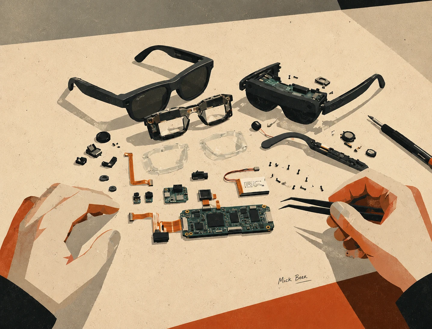 Illustratie: de Ray-Ban Meta uit elkaar gehaald op een tafel; onder het montuur liggen camera, microfoons, moederbord, sensoren en radio's, elk een potentiële databron. Tekening in de stijl van het dossier.