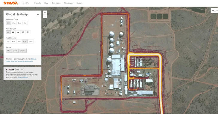 De Strava Global Heatmap: gloeiende lijnen tekenen de loop- en patrouilleroutes binnen een afgesloten faciliteit, met perimeter, interne wegen en gebouwen, uitgelopen door het personeel dat er werkt.
