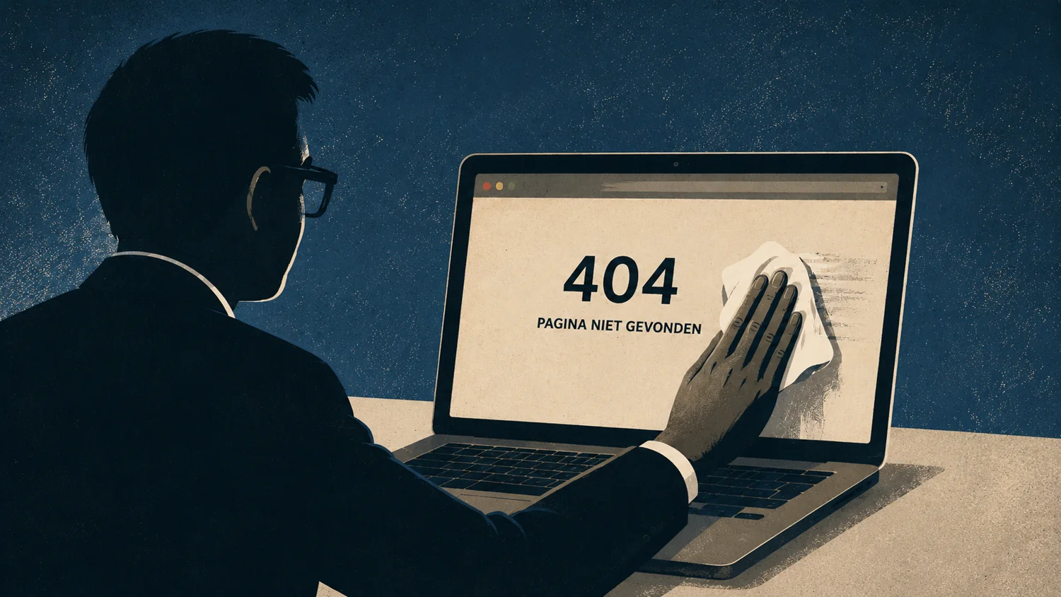 Een rijksambtenaar poetst de foutmelding 404, pagina niet gevonden, van een laptopscherm.
