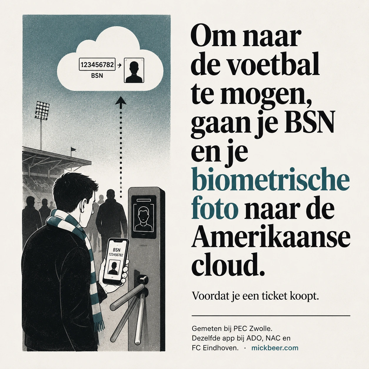 Editoriale illustratie: een voetbalsupporter met sjaal bij een toegangspoortje houdt zijn telefoon vast met daarop zijn BSN en pasfoto; een pijl loopt omhoog naar een cloud met het BSN en de foto.