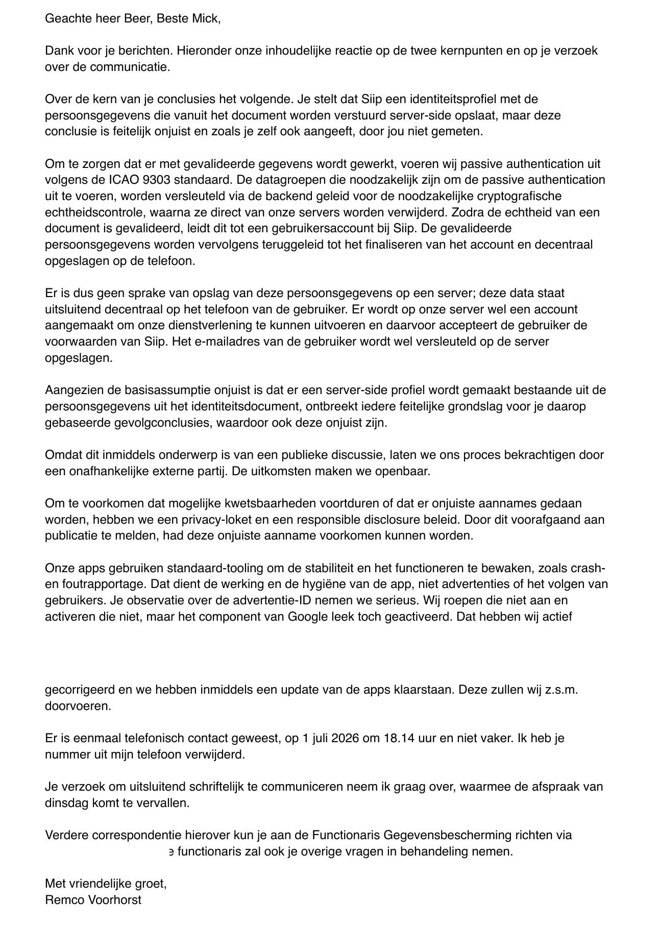De inhoudelijke e-mailreactie van Siip van 6 juli 2026, ondertekend door CEO Remco Voorhorst. E-mailadressen, telefoonnummer, adres en het handtekeningblok zijn weggelaten.