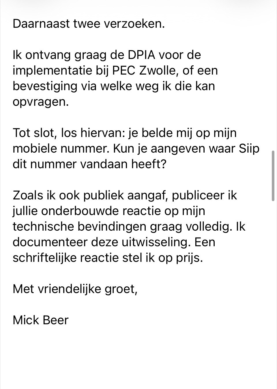 E-mail van Mick Beer aan Remco Voorhorst met een samenvatting van het gesprek, deel 2