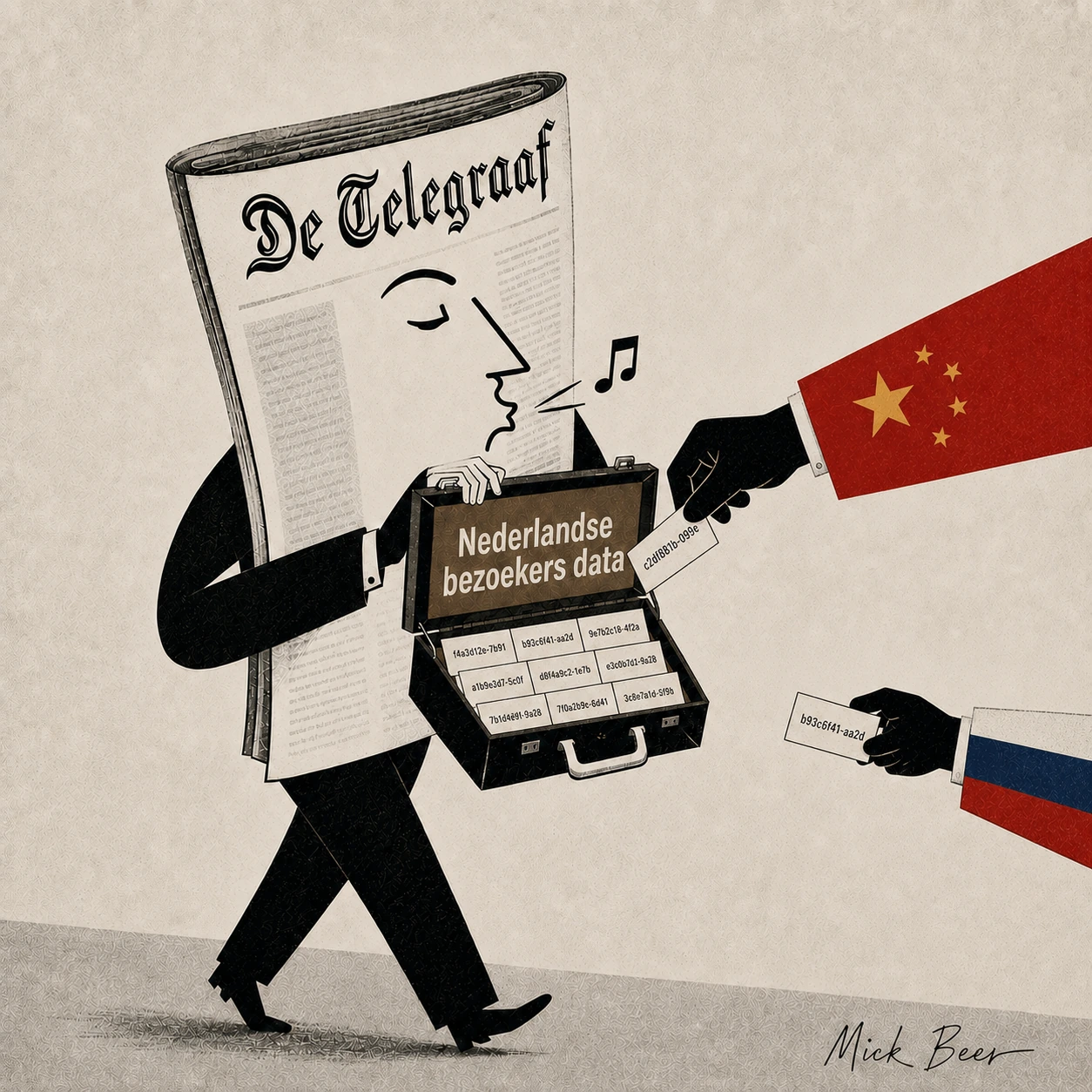 Illustratie: De Telegraaf als wandelende krantenfiguur met een geopende koffer met het opschrift Nederlandse bezoekers data, gevuld met kaartjes waarop codes staan. Een hand met een Chinese vlag pakt er een kaartje uit, een hand met een Russische vlag houdt er een vast en trekt zich terug.