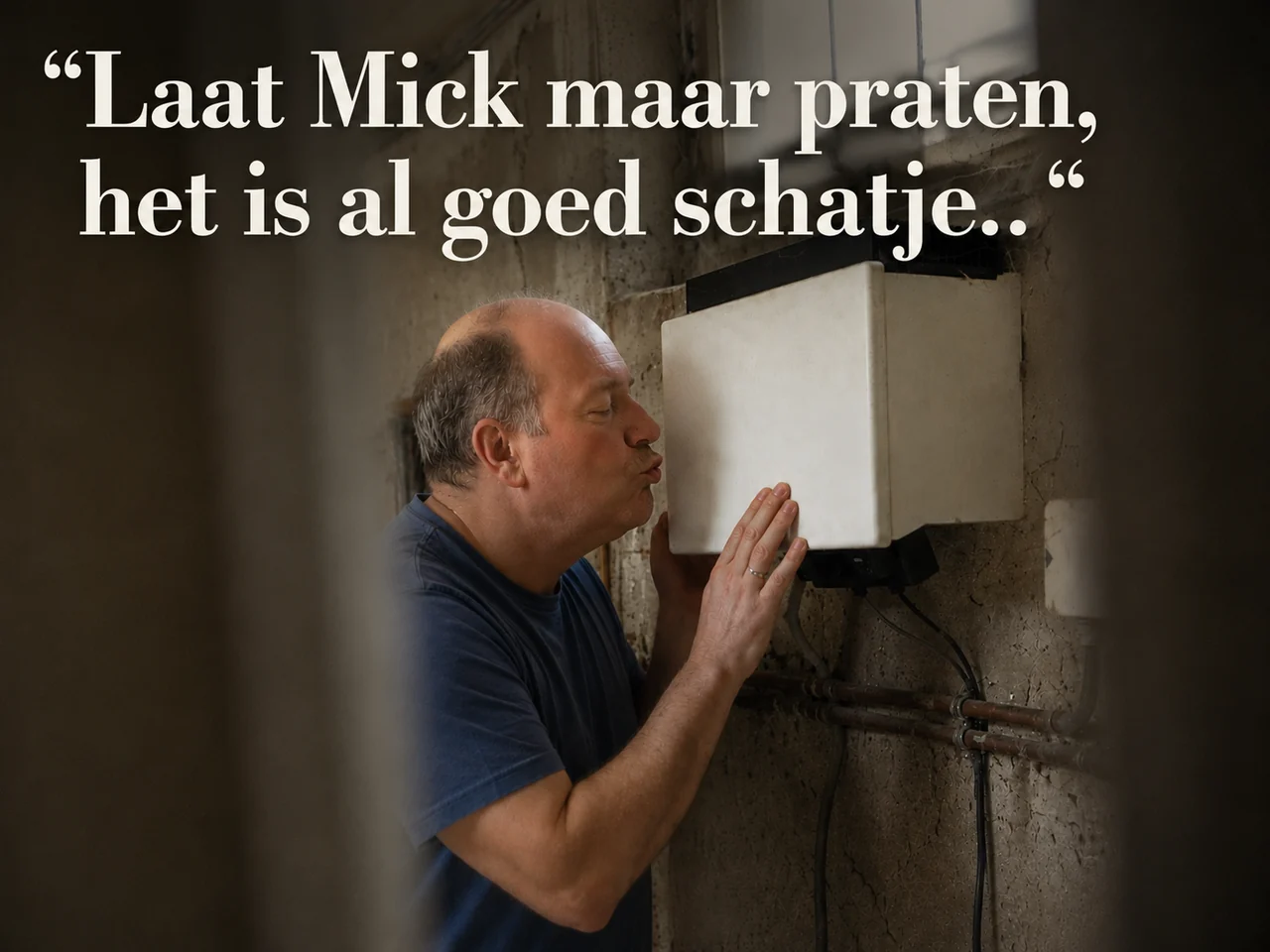 Een man kust teder een witte zonnepaneel-omvormer aan een kelderwand, met de tekst: Laat Mick maar praten, het is al goed schatje. Illustratie door Mick Beer.